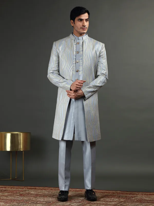 Classy grey silk indowestern for wedding