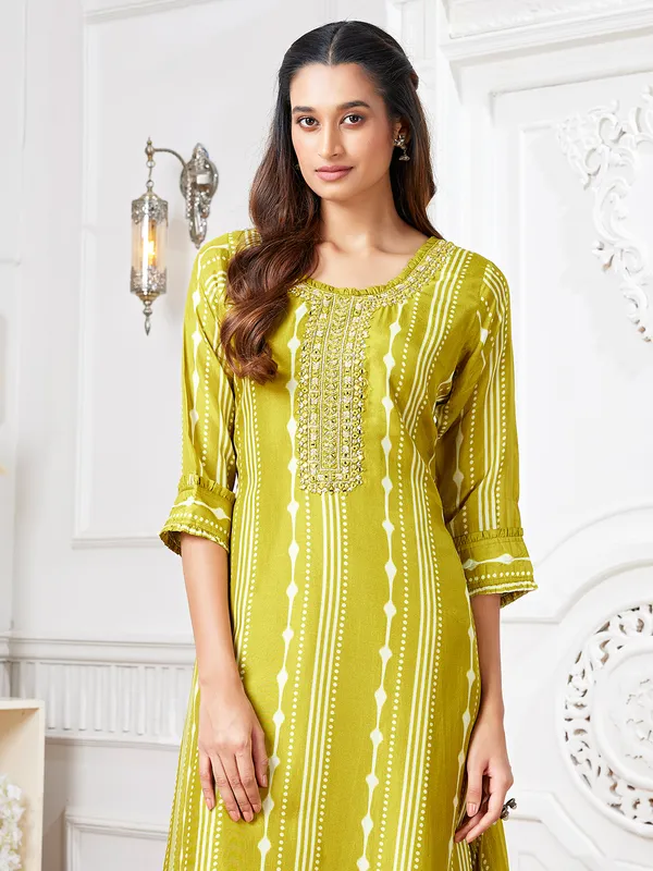 Classy light green printed russian silk kurti set