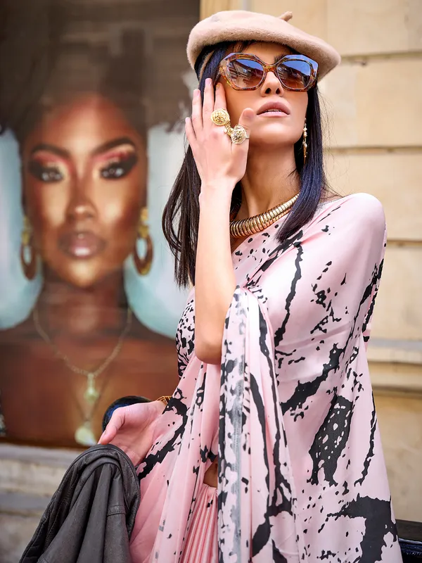 Classy light pink satin crepe digital printed saree