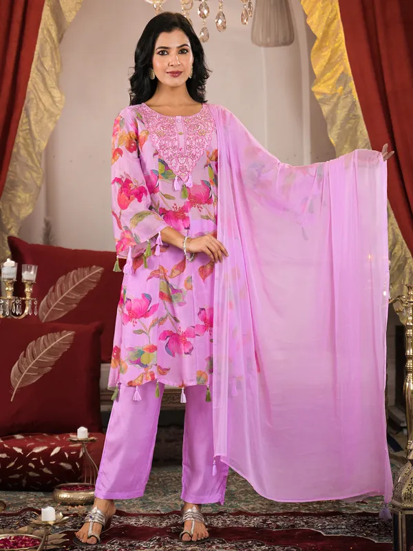 Classy lilac purple printed georgette kurti set