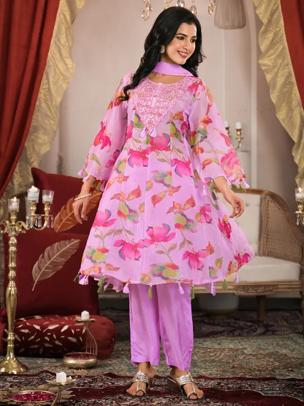 Classy lilac purple printed georgette kurti set
