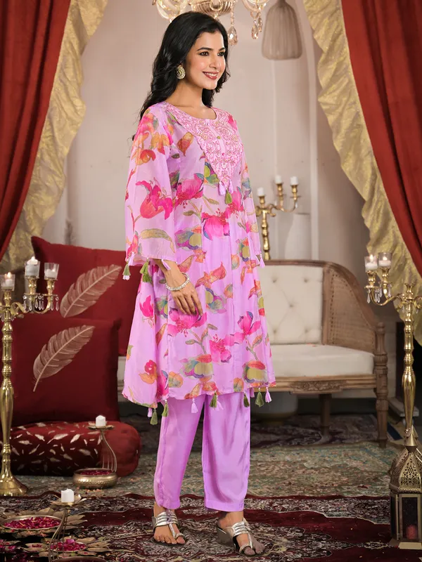 Classy lilac purple printed georgette kurti set