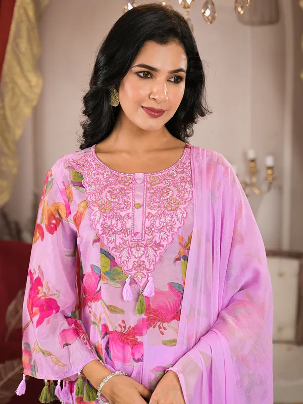 Classy lilac purple printed georgette kurti set