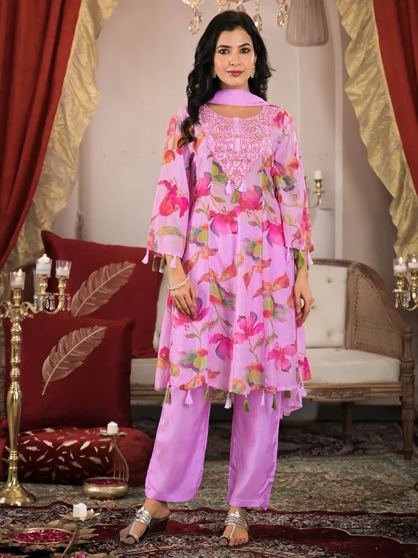 Classy lilac purple printed georgette kurti set