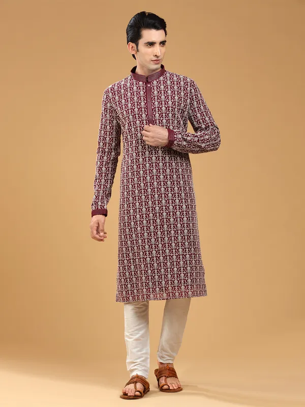 Classy maroon georgette  Men Kurta pajama