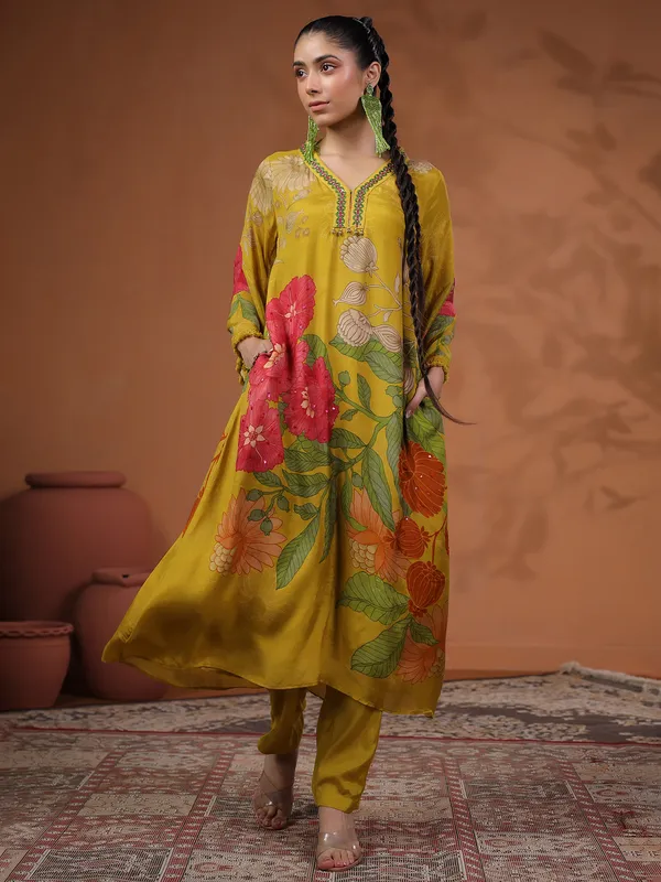 Classy mehendi yellow printed kurti set