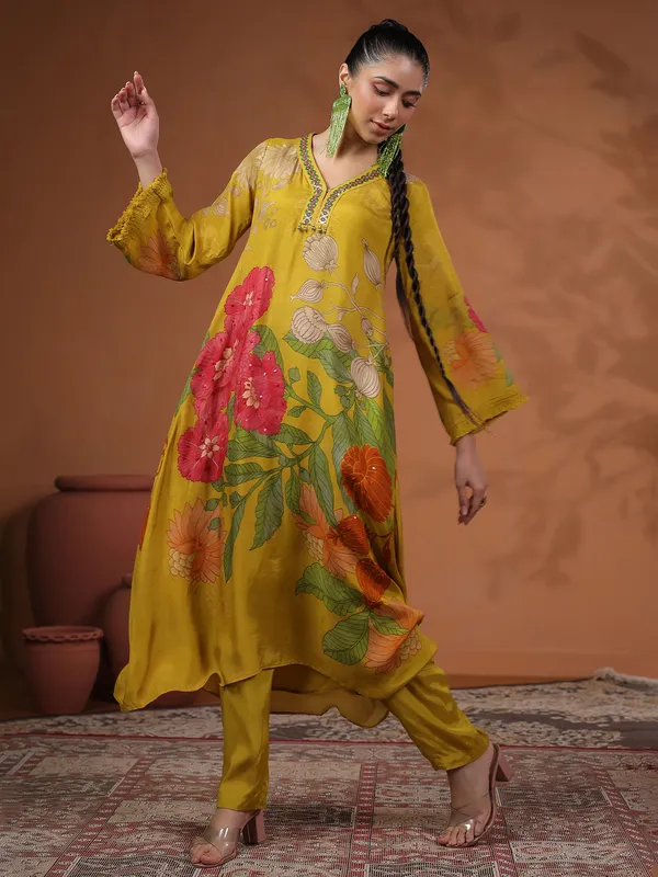 Classy mehendi yellow printed kurti set