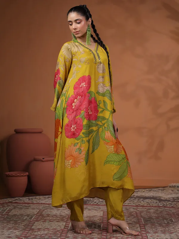 Classy mehendi yellow printed kurti set