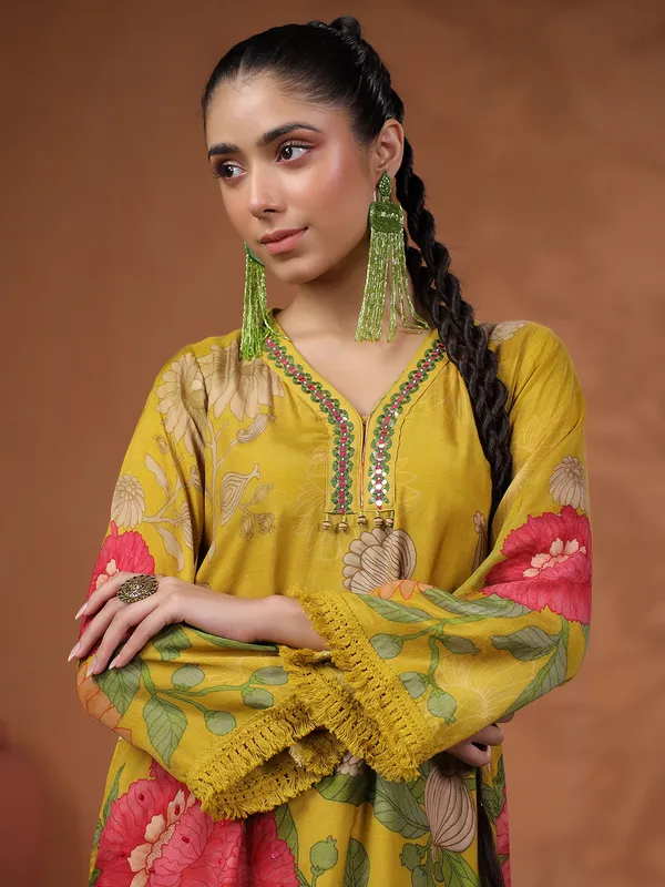 Classy mehendi yellow printed kurti set