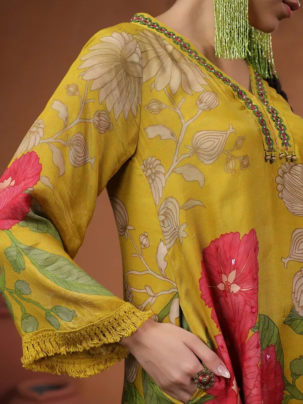 Classy mehendi yellow printed kurti set