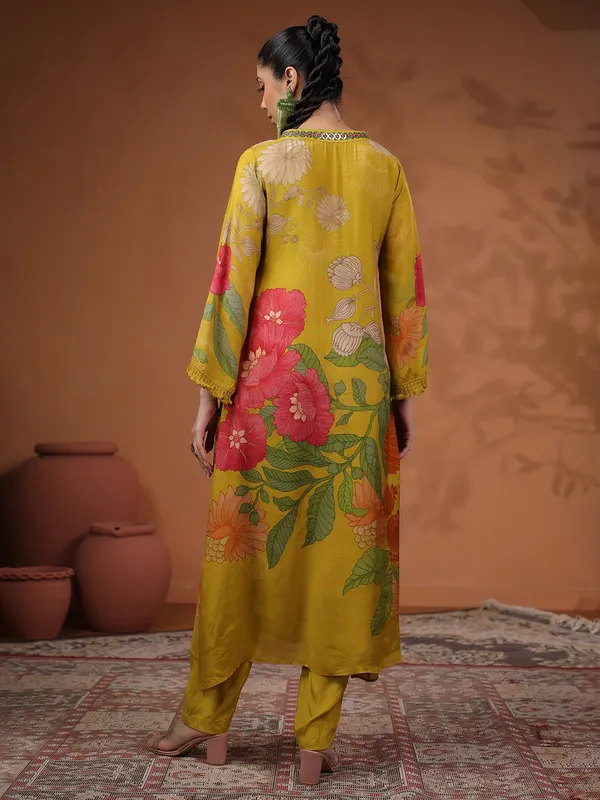Classy mehendi yellow printed kurti set