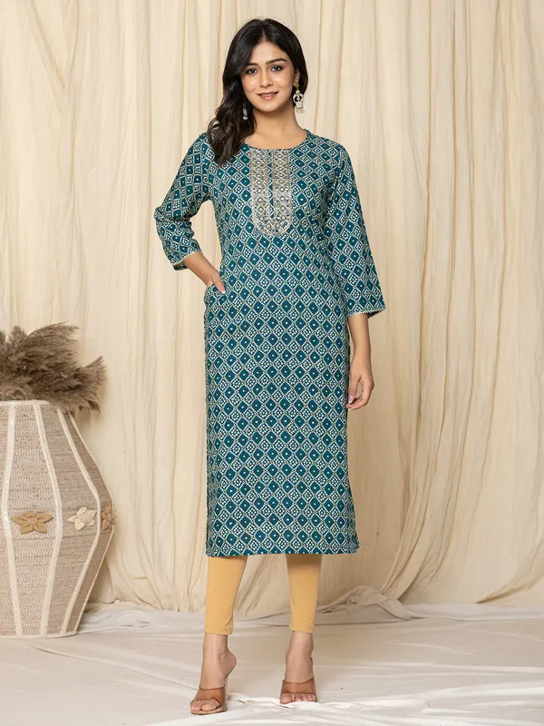 Classy mint blue casual printed kurti in silk