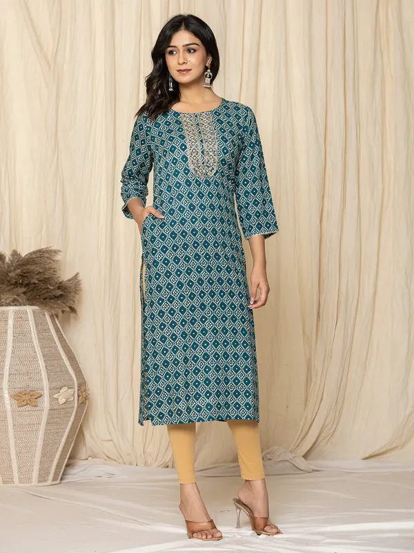 Classy mint blue casual printed kurti in silk