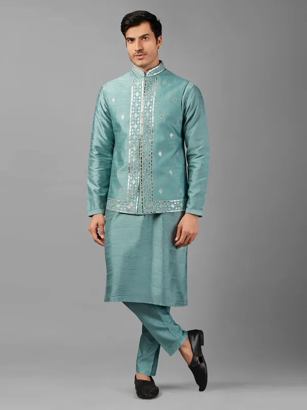 Classy mint green silk waistcoat set