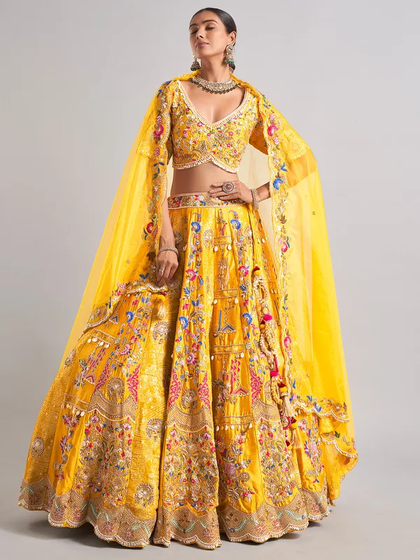 Classy mustard yellow silk lahenga choli for women