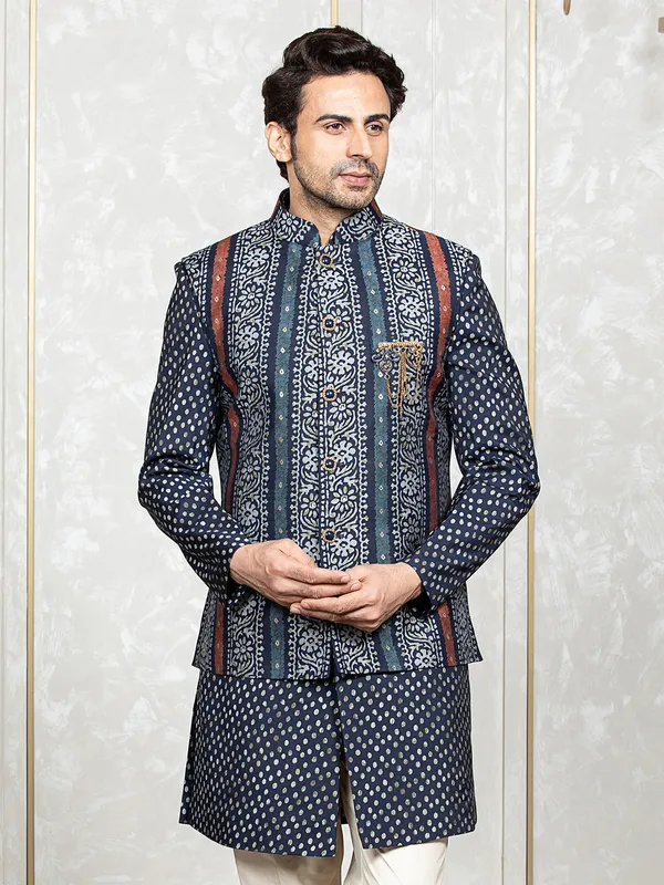 Classy navy printed waistcoat set