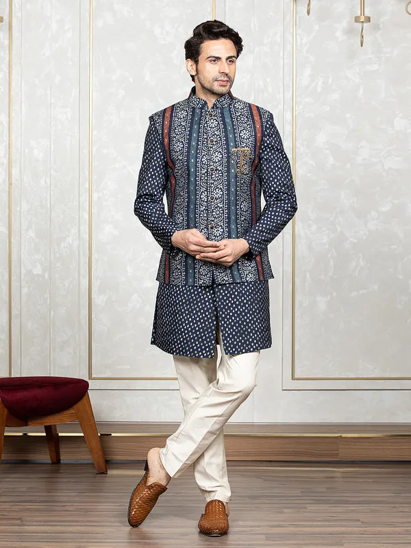Classy navy printed waistcoat set