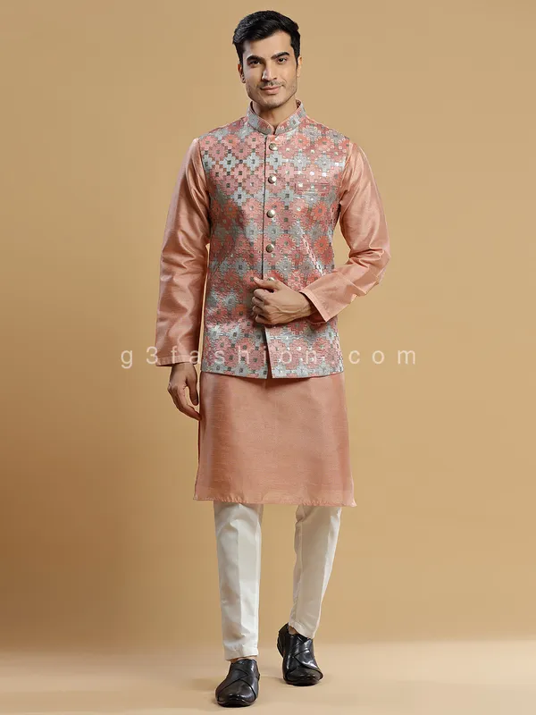 Classy peach silk waistcoat set for wedding