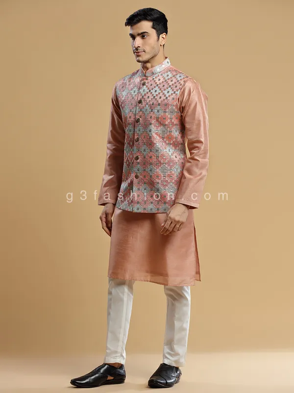Classy peach silk waistcoat set for wedding