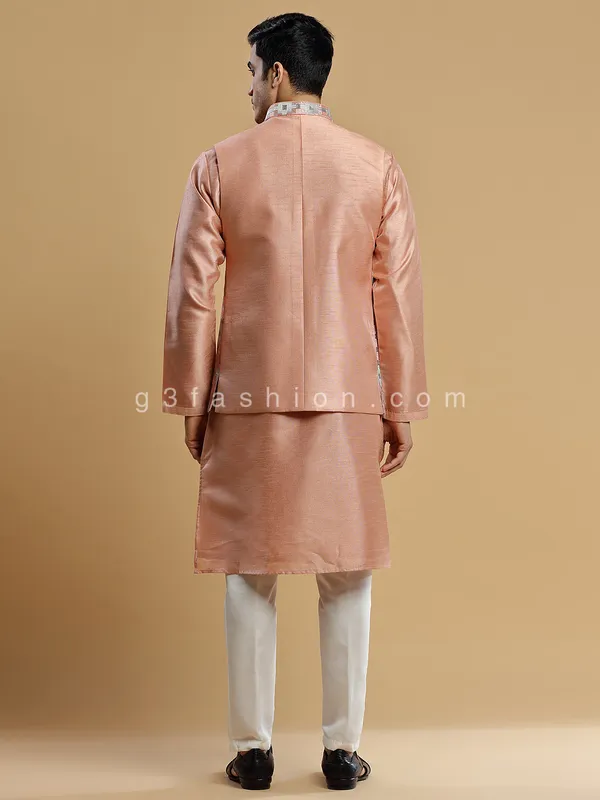 Classy peach silk waistcoat set for wedding