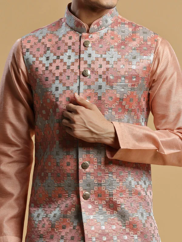 Classy peach silk waistcoat set for wedding