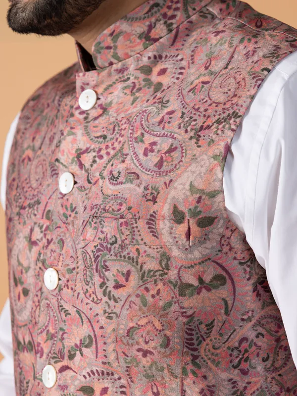 Classy pink printed waistcoat in silk