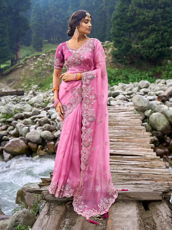 Classy pink silk saree