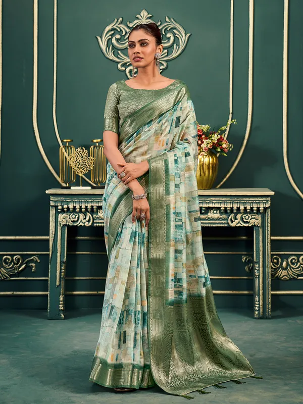 Classy pista green printed saree