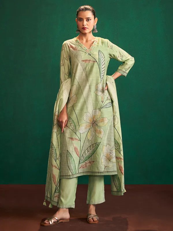 Classy pista green silk printed kurti set