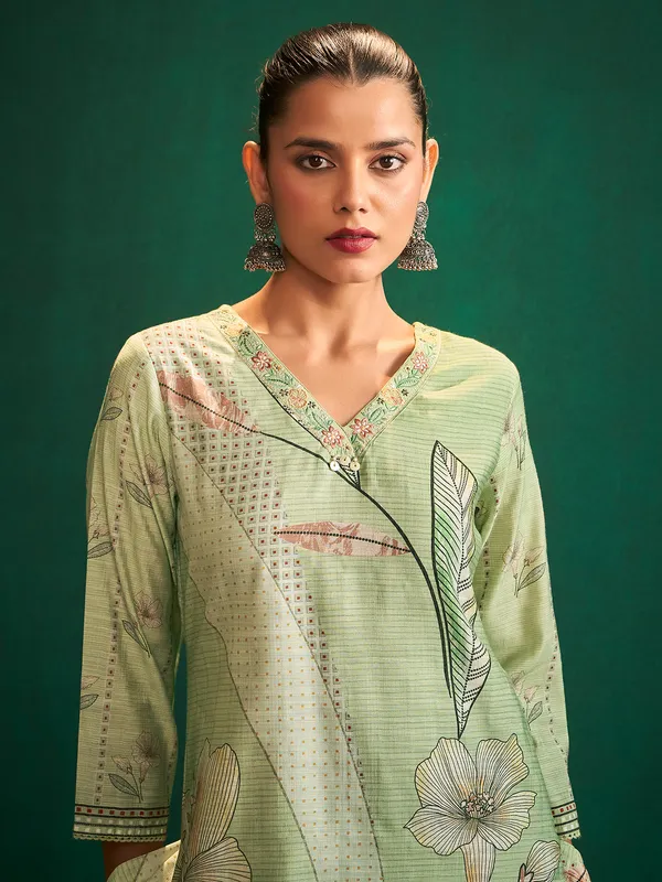 Classy pista green silk printed kurti set