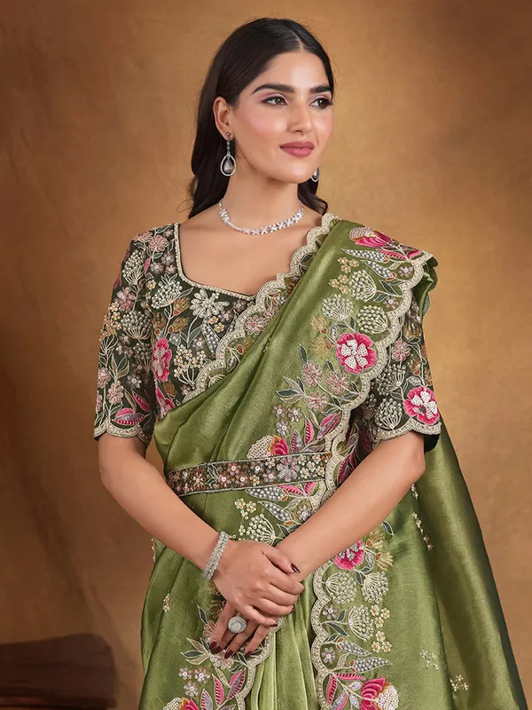 Classy pista green tissue silk saree for wedding
