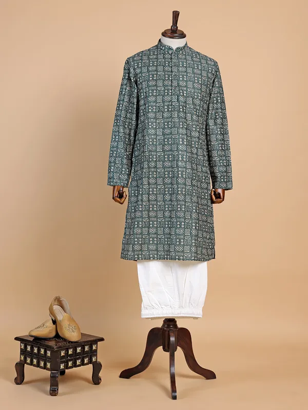 Classy printed dark green  Men Kurta pajama