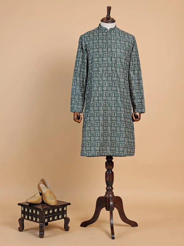 Classy printed dark green  Men Kurta pajama