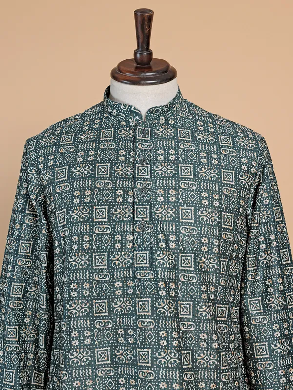 Classy printed dark green  Men Kurta pajama