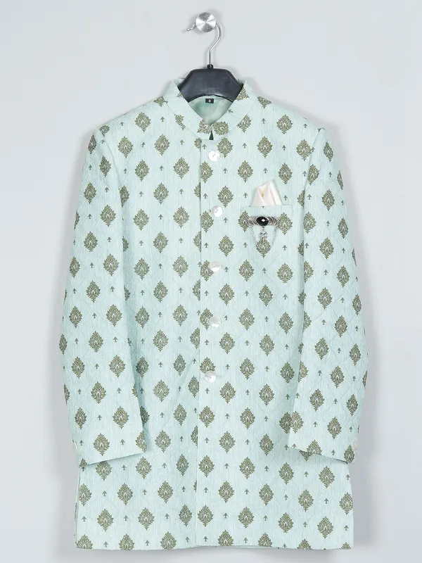Classy printed pista green indowestern sherwani