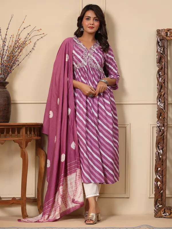 Classy purple cotton leheriya kurti set