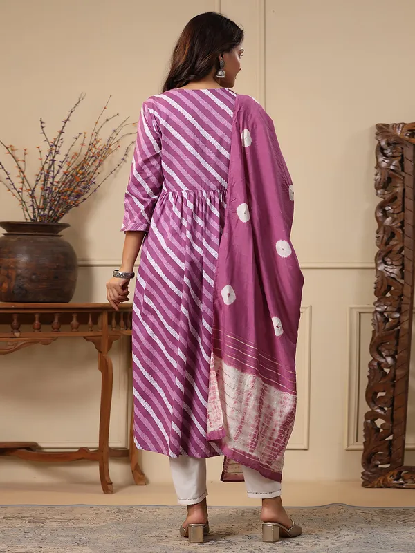 Classy purple cotton leheriya kurti set