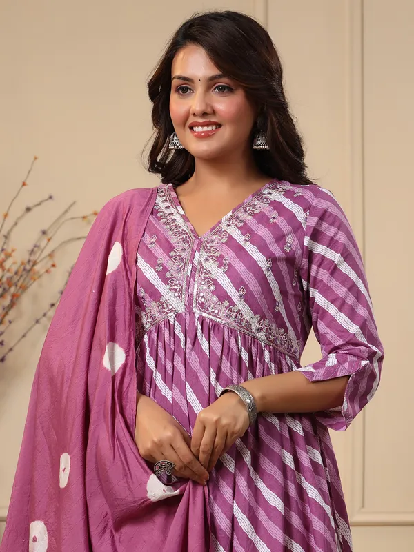 Classy purple cotton leheriya kurti set
