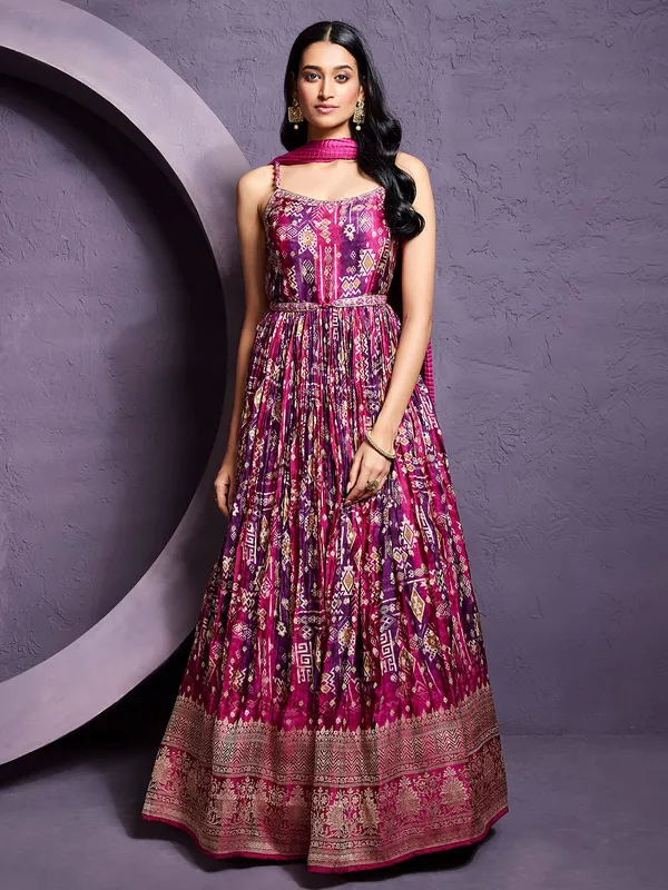 Classy purple silk printed anarkali suit