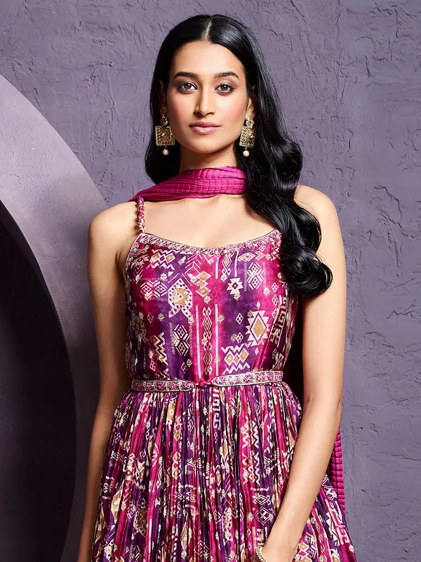 Classy purple silk printed anarkali suit