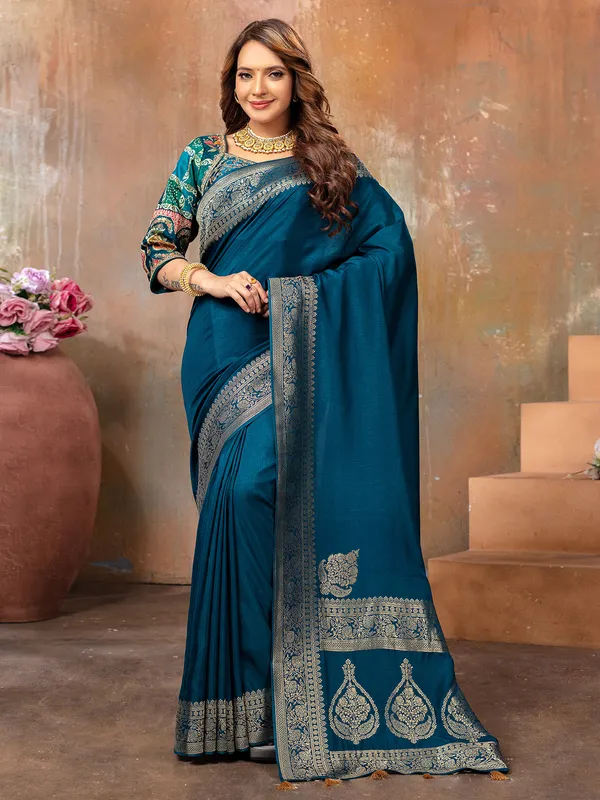 Classy rama blue dola silk saree for wedding