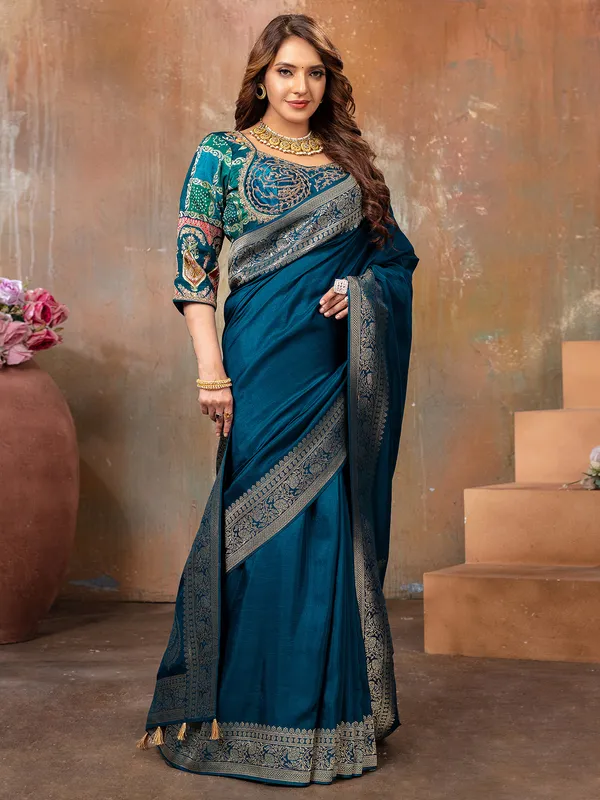 Classy rama blue dola silk saree for wedding