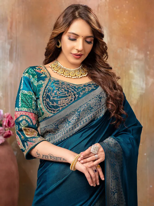 Classy rama blue dola silk saree for wedding