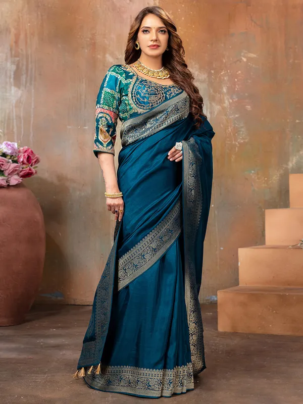Classy rama blue dola silk saree for wedding