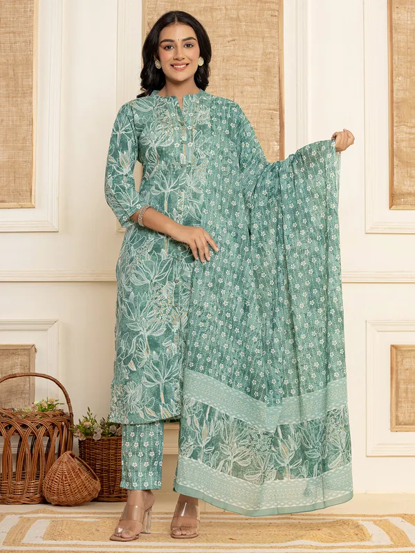 Classy rama green cotton printed kurti set