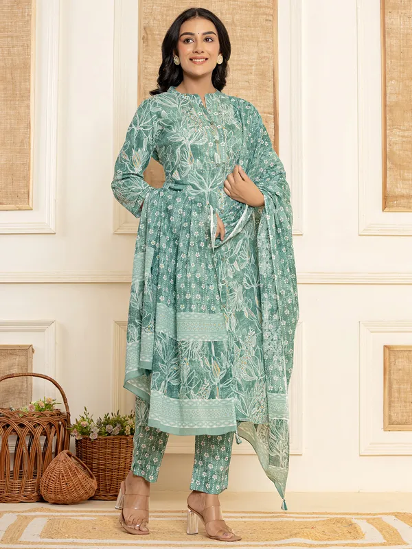 Classy rama green cotton printed kurti set
