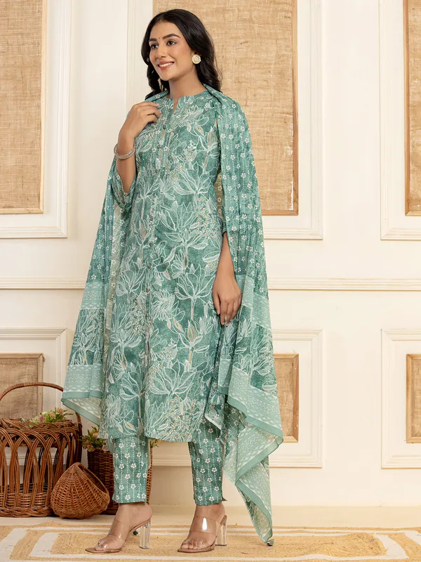Classy rama green cotton printed kurti set