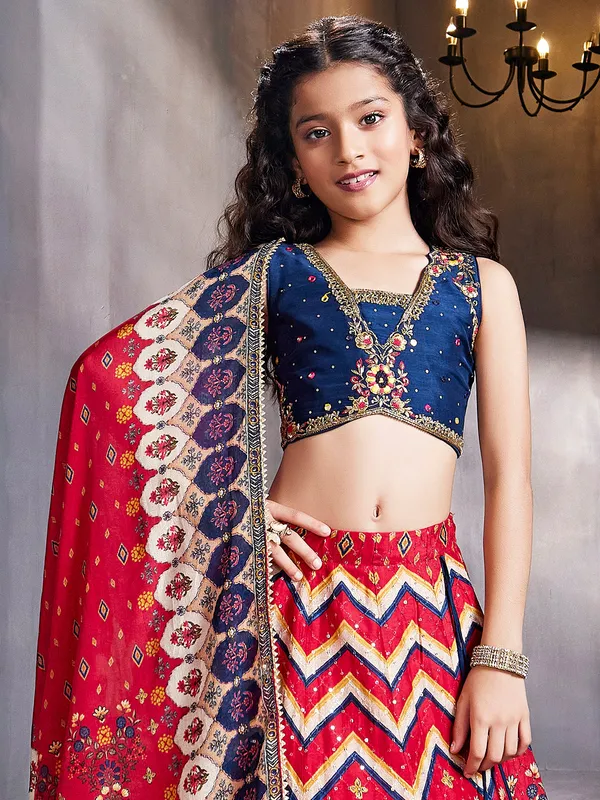 Classy red and navy silk printed lehenga choli