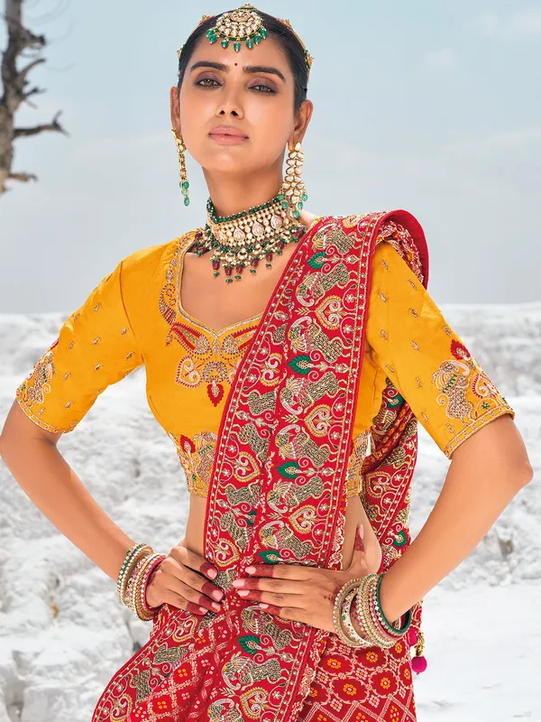 Classy red saree in bandhej