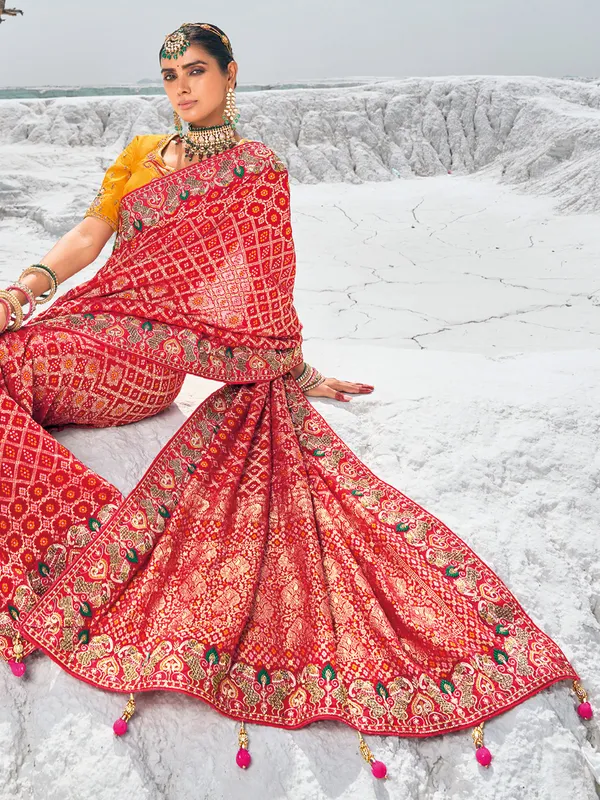 Classy red saree in bandhej